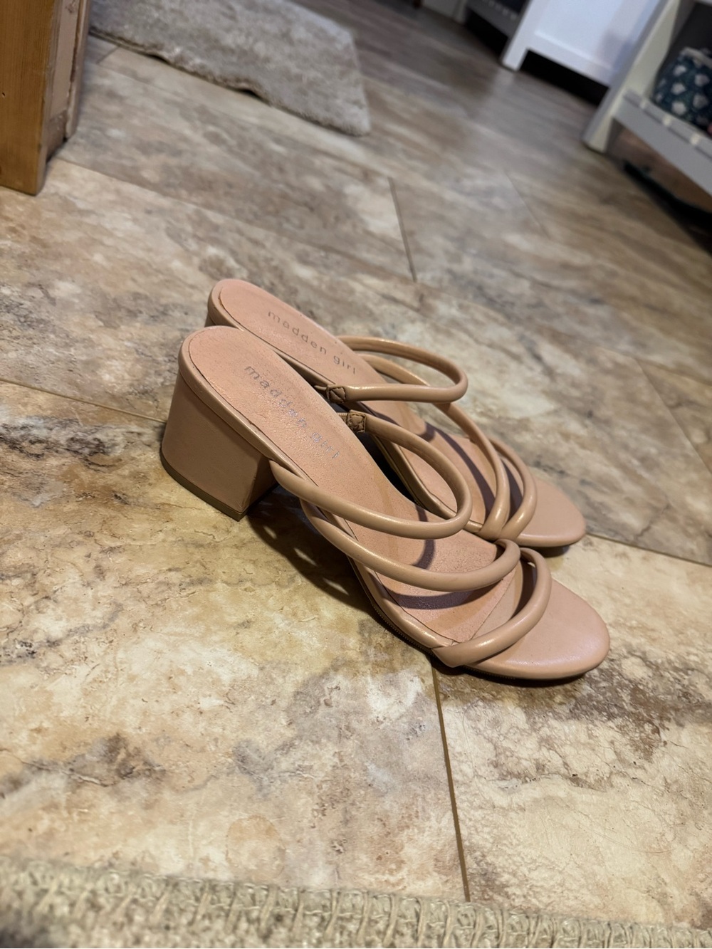 Madden Girl Neutral Tan Multi-Strap Block Heel Sandals